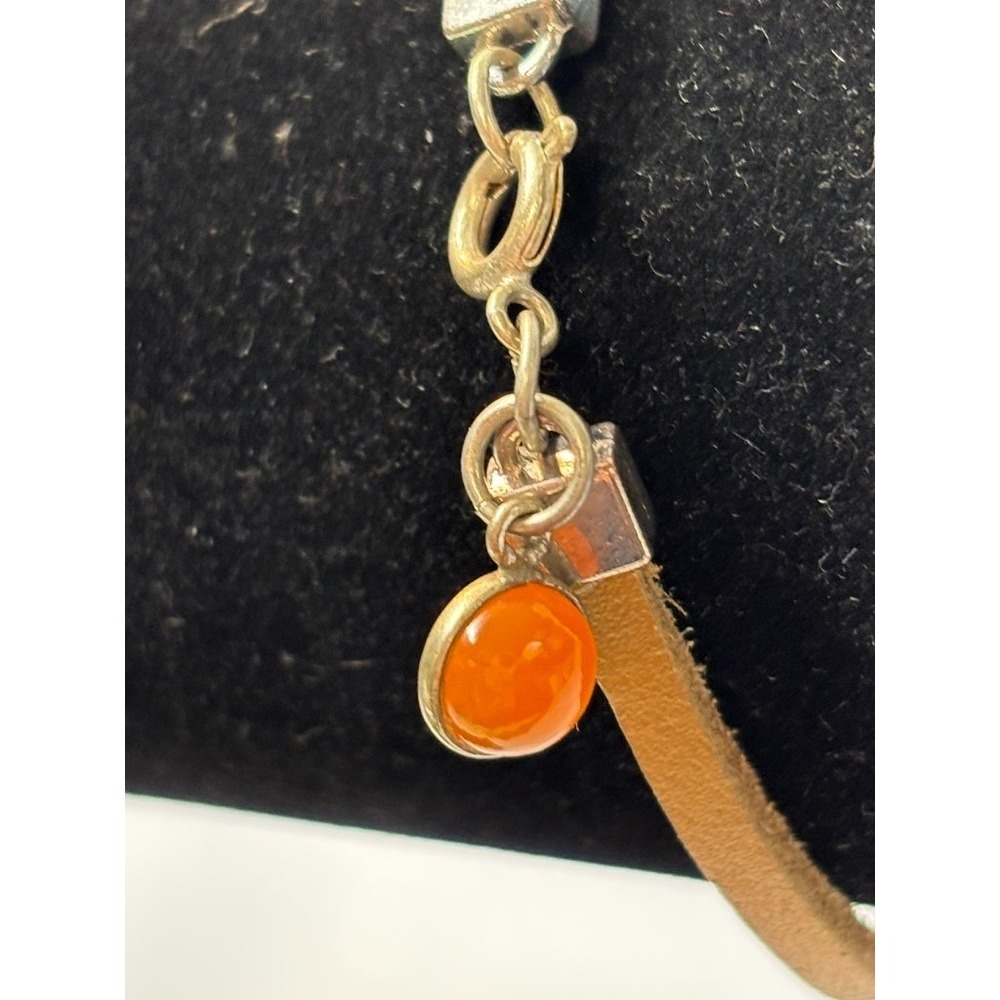 Y2K Leather Bracelet Silver Tone‎ Metal Tiny Tangerine Stone Charm